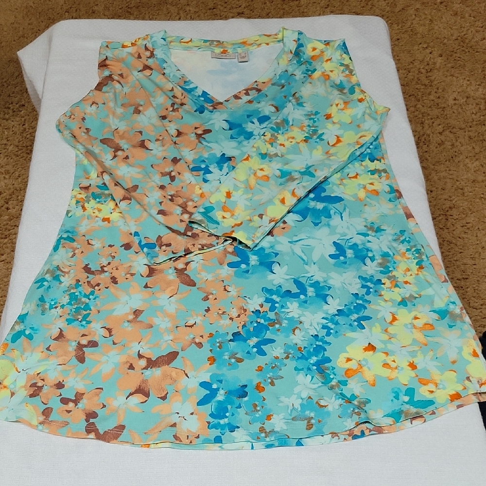 LOGO Lori Goldstein QVC Blue Green Floral Top Small - Picture 5 of 11